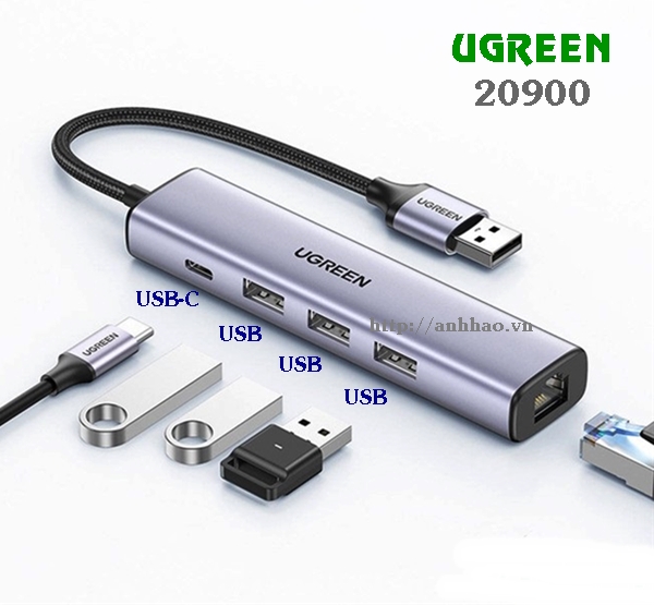 Bộ chia USB 2.0 ra 3 cổng USB + 1 cổng mạng Lan RJ45 kèm nguồn USB-C Ugreen 20900 chính hãng